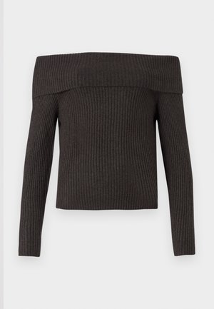 Tmavě šedý svetr bez ramínek s žebrovaným vzorem a dlouhými rukávy, s širokým výstřihem a texturovaným vzorem látky.