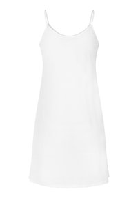 Abito bianco senza maniche con spalline sottili e regolabili, una texture liscia e una silhouette dritta, caratterizzato da un scollo rotondo e privo di fantasie.