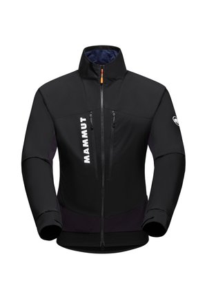 Giacca softshell nera da uomo con collo alto, tasche con zip e logo. Presenta polsini elasticizzati e un orlo viola per un tocco di stile.