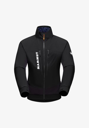 Herren schwarze Softshell-Jacke mit hohem Kragen, Reißverschlusstaschen und Logo. Sie verfügt über elastische Bündchen und einen lila Saum für zusätzlichen Stil.