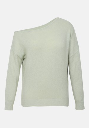 Lichtgroene gebreide trui met een asymmetrische halslijn, druppelschouders en geribbelde manchetten. Zachte textuur met een iets losse pasvorm.