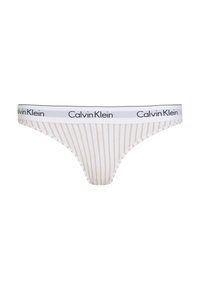Calvin Klein dames thong i hvit med beige vertikale striper, med en kontrasterende logo elastikkant og glatt tekstur.