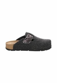 Zoccoli grigi con soletta in sughero. Include una cinturino decorativo con stampa leopardata e fori sui lati per la ventilazione.