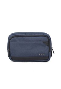 Borsa organizzatrice in tessuto blu navy con una trama liscia, bordi imbottiti, tasca frontale con zip e dettagli neri a contrasto.
