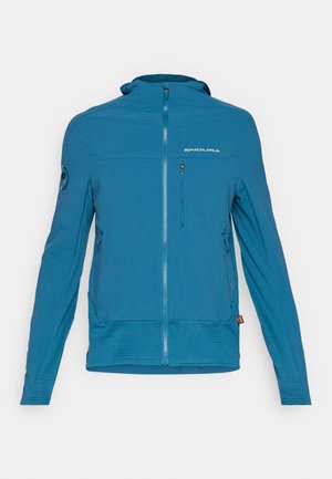 Tealfarbige Zip-Jacke mit taillierter Passform, ausgestattet mit Seitentaschen, strukturiertem unteren Bereich und Markenlogo auf der Brust.