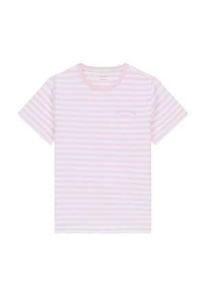 Kurzärmeliges T-Shirt mit Rundhalsausschnitt, rosa-weißen horizontalen Streifen und dezentem Logotext auf der linken Brust.