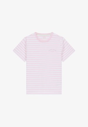 Kurzärmeliges T-Shirt mit Rundhalsausschnitt, rosa-weißen horizontalen Streifen und dezentem Logotext auf der linken Brust.