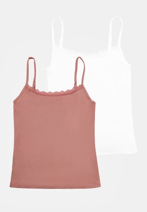 Due camisole: una in rosa pallido con bordo in pizzo al colletto e una in bianco solido. Entrambe presentano spalline sottili e regolabili e una texture morbida.