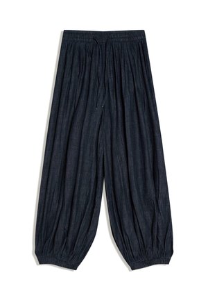 Pantaloni larghi color blu navy scuro con vita elastica, coulisse e polsini elastici alle caviglie, realizzati in tessuto leggero.