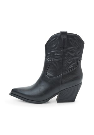 Fekete műbőr cowboy csizma hegyes orral, texturált részletekkel a szárán és masszív sarkkal. Kihúzó füle könnyű felhúzást biztosít.