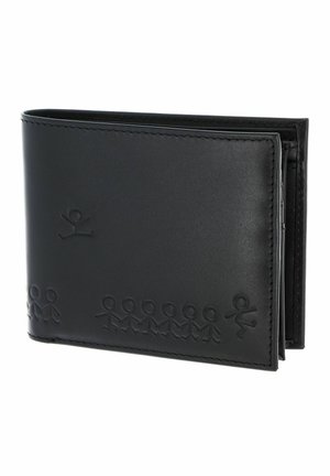 Portefeuille noir en cuir bi-pli avec motif en relief de chaîne de bonshommes bâton le long du bord inférieur et une figure au-dessus de la chaîne.