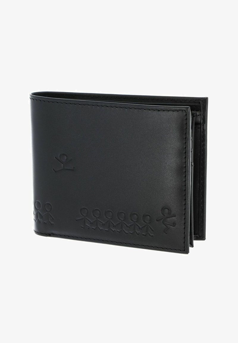 Portefeuille noir en cuir bi-pli avec motif en relief de chaîne de bonshommes bâton le long du bord inférieur et une figure au-dessus de la chaîne.