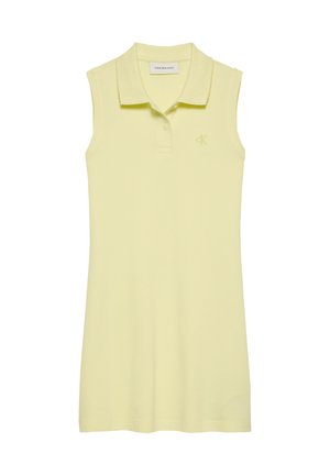 Robe polo sans manches en coton jaune clair, dotée d'un col et d'un logo brodé sur la poitrine. Texture lisse, longueur mi-genoux.