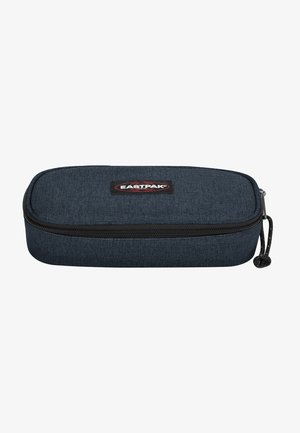 Eastpak pencil case, rectangular shape, dark blue fabric texture, black zipper, featuring a branded logo patch on the front.