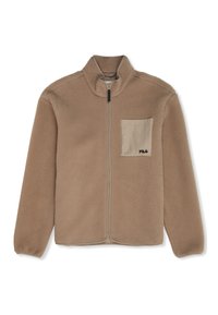 Beige fleece jack met een hoge kraag en ritsluiting. Beschikt over een vierkante, tan borstzak met logo en zachte, gestructureerde stof.