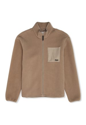 Beige fleece jack met een hoge kraag en ritsluiting. Beschikt over een vierkante, tan borstzak met logo en zachte, gestructureerde stof.