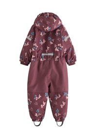 Bordeaux snowsuit med blomstermønster, der har en justerbar hætte, elastiske manchetter og forstærkede ankler. Vandafvisende stof med grå detaljer.