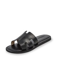 Sandal in pelle nera con design open-toe, due ampie cinghie che attraversano il piede e una suola piatta con una finitura liscia.
