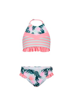 Roze en teal badpak met halternek. Top heeft strepen en een bloemenpatroon; de onderkant heeft een gekruide zoom en een bijpassend bloemenontwerp.