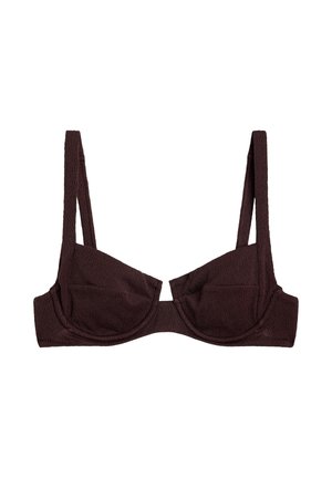 Dark brown textured fabric underwire bra with straight adjustable shoulder straps and a slight V-cut center front.