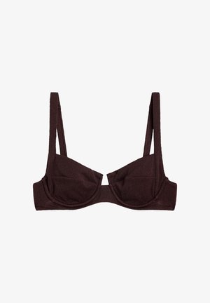 Dark brown textured fabric underwire bra with straight adjustable shoulder straps and a slight V-cut center front.