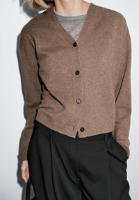 Bruine wollen cardigan met een V-hals, voorzien van vijf zwarte knopen, geribbelde manchetten en een cropped design. Gekaapt over een grijs shirt.