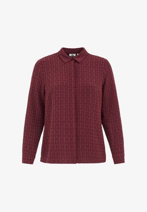 Burgundska srajca z gumbi s teksturiranim vzorcem, klasičnim ovratnikom, dolgimi rokavi in ravnim krojem.