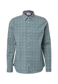 Chemise verte à manches longues avec motif floral blanc, col standard. Présente un ourlet arrondi et une fermeture à boutons. Texture de tissu douce.