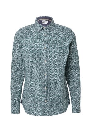 Camicia verde con bottoni, motivo floreale bianco, maniche lunghe e colletto standard. Presenta un orlo curvo e una chiusura frontale con bottoni. Tessuto morbido.
