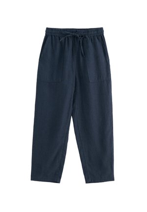 Pantalon décontracté bleu marine avec taille élastique, cordon de serrage, poches plaquées à l'avant et coupe droite décontractée.