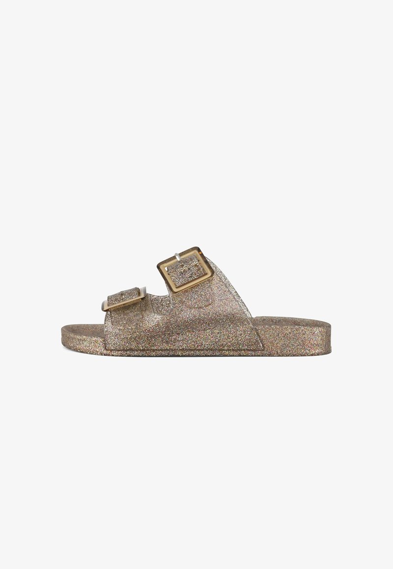 Glittery gold slide sandals with two adjustable buckles, flat sole, and a smooth, shiny texture. Lightweight and casual design.