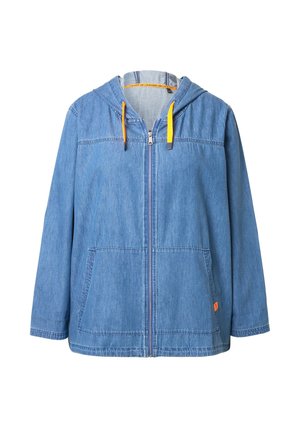 Jeansjacke mit Kapuze, hellblau, mit Frontreißverschluss, zwei seitlichen Taschen, gelben Kordeln und kontrastierenden Nähten.