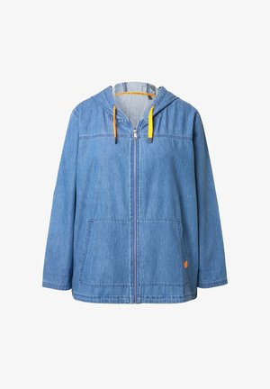 Jeansjacke mit Kapuze, hellblau, mit Frontreißverschluss, zwei seitlichen Taschen, gelben Kordeln und kontrastierenden Nähten.