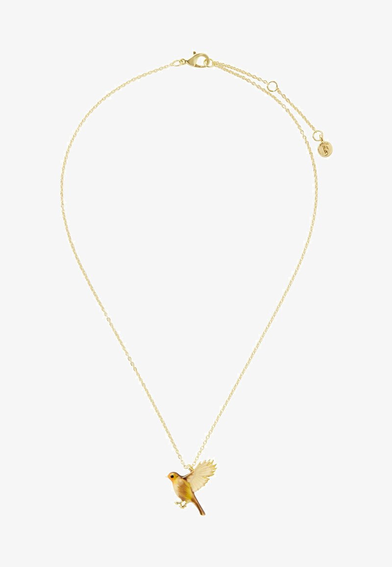 Zelta toņa ķēdes kaklarota ar putna piekariņu, kam ir izsmalcināta krāsojuma detaļas, izplestām spārniem un aizdare ar regulējamu garumu.