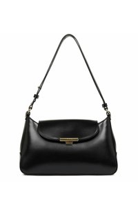 Borsa a mano in pelle nera con forma curvata, dettagli in metallo dorato e chiusura a soffietto. Presenta una sola tracolla regolabile.