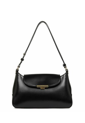 Borsa a mano in pelle nera con forma curvata, dettagli in metallo dorato e chiusura a soffietto. Presenta una sola tracolla regolabile.