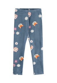 Leggings blu chiari con un stampa su tutta la superficie di volpi e gufi sorridenti, impreziositi da fiori bianchi e rosa, realizzati in un tessuto morbido.