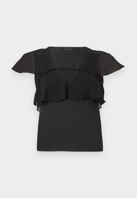 Μαύρο αμάνικο τοπ με διαφανή βολάν στους ώμους και το στήθος, V-λαιμόκοψη και εφαρμοστή σιλουέτα.