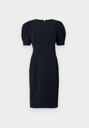Tmavomodré šaty s priliehavým strihom, nadýchanými krátkymi rukávmi a zipsom na zadnej strane. Vyrobené z hladkej látky, s čistými líniami a minimálnymi detailmi.