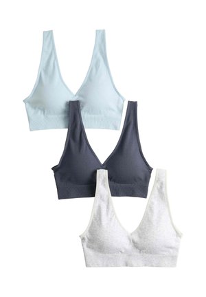 Tre reggiseni senza cuciture wireless in celeste, grigio scuro e grigio chiaro disposti verticalmente su sfondo bianco.