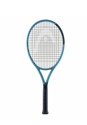 Blau-schwarzer Tennisschläger mit schwarzem Griff und weißem Logo im Besaitungsfeld, isoliert auf weißem Hintergrund.