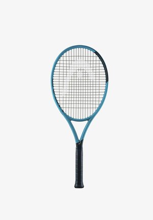 Blau-schwarzer Tennisschläger mit schwarzem Griff und weißem Logo im Besaitungsfeld, isoliert auf weißem Hintergrund.