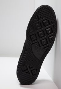 Suela de goma negra de una zapatilla Converse All Star, con un patrón geométrico texturizado, bordes suaves y detalle del logo de la marca.