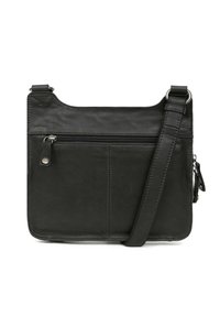 Borsa a tracolla in pelle nera con superficie liscia, tasca frontale con zip, tracolla regolabile e forma rettangolare.
