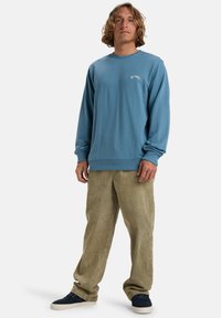 Felpa blu con scollatura rotonda e polsini elasticizzati, abbinata a pantaloni cargo verdi chiari e sneakers blu navy. Design informale.
