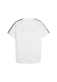 Weißes kurzärmliges T-Shirt mit grünen gemusterten Streifen auf den Schultern, goldenem Puma-Logo und dem Text "KING" auf der Brust sowie dem AC Milan-Wappen.