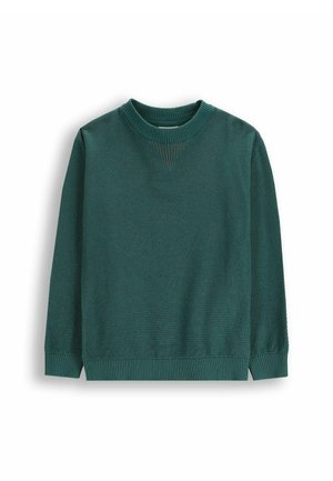 Zielony sweter z dzianiny o fakturowanym wzorze, z okrągłym dekoltem oraz ściągaczami przy mankietach i dolnym brzegu. Posiada kontrastowy, tkany wzór na dekolcie.
