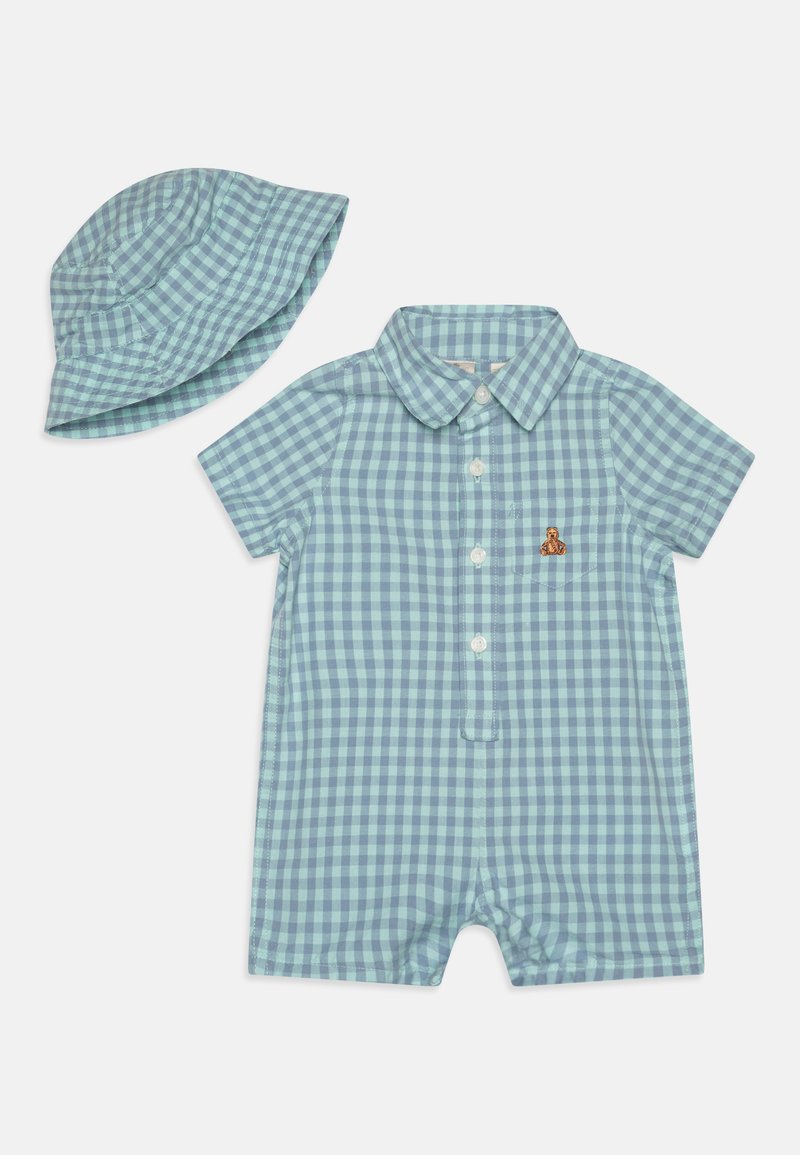 Light blue gingham short-sleeve romper with a collar and button front, featuring a small bear embroidery; accompanied by a matching bucket hat.