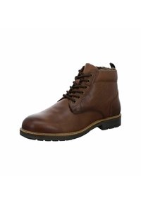 Bottine en cuir marron avec un bout arrondi, un laçage à l'avant et une doublure douce. Elle présente une semelle cousue et une surface texturée.