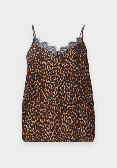 Camisole met luipaardprint, gemaakt van zachte stof, met delicate zwarte kantafwerking langs de halslijn en verstelbare spaghettibandjes.